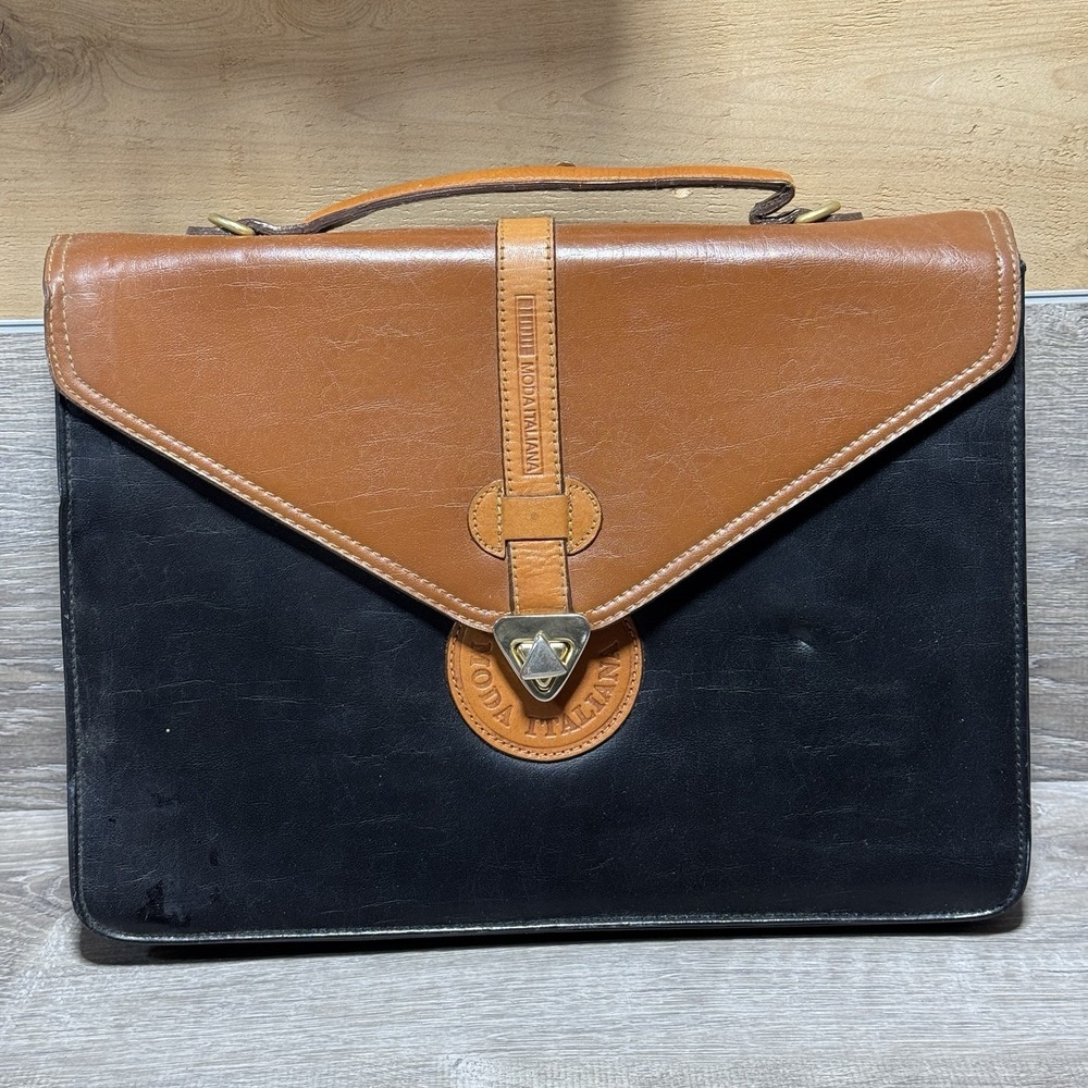 Vtg Briefcase Moda Italiana Leather Two Tone Brown Genuine Leather Trim Gold